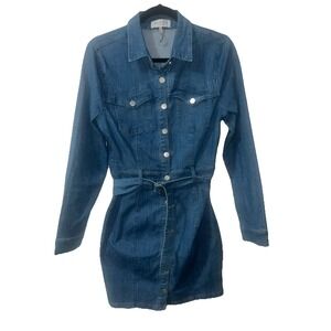 Denim BLVD Y2K 90s Denim Dress Button Down‎ Stretch Long Sleeve Size Large BOHO